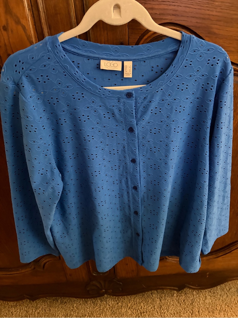 LOGO by Lori Goldstein Blue Eyelet Button-Front Shirt